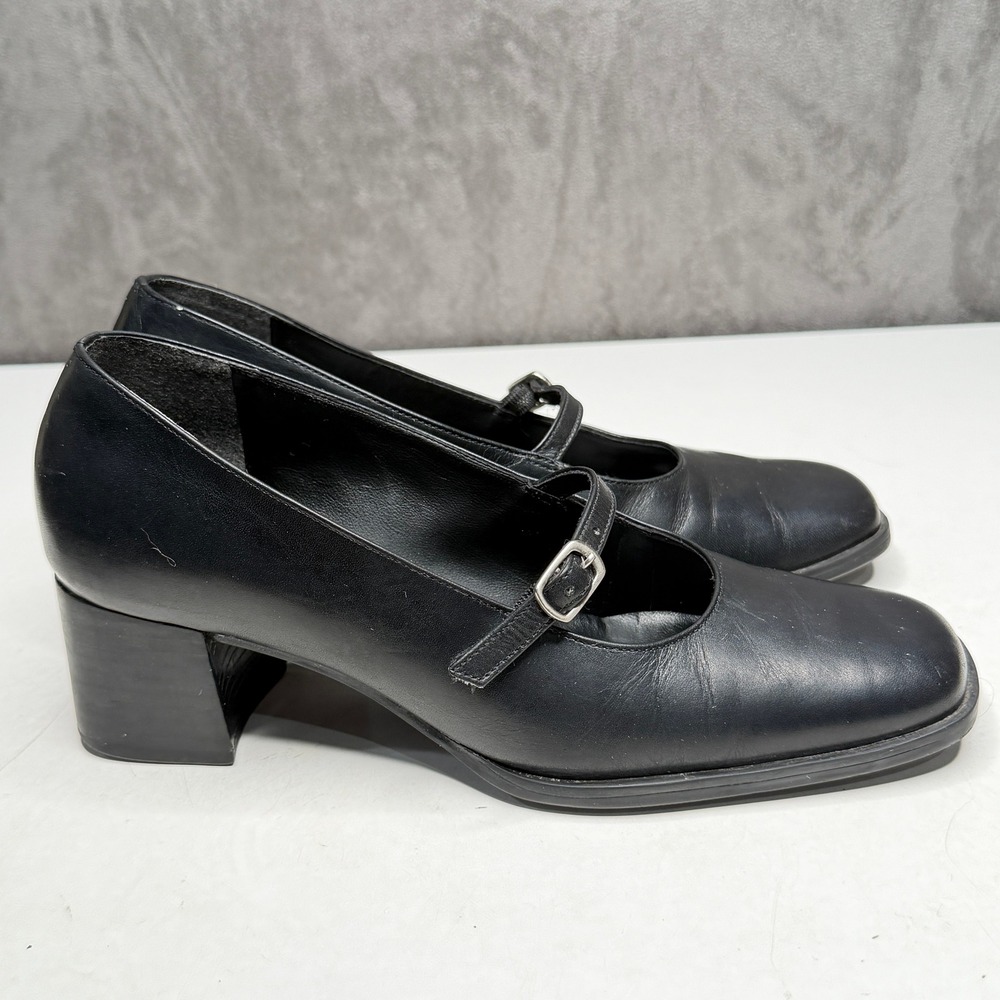 Casanova Mary Jane Pumps Womens 6.5 Blk Leather‎ Square Toe Block Heel 90s Style